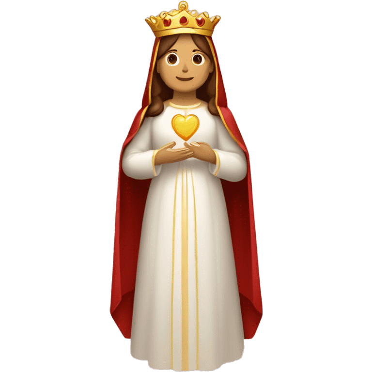 virgen maria con corona dorada, cabello marrón, túnica blanca y corazón rojo emoji