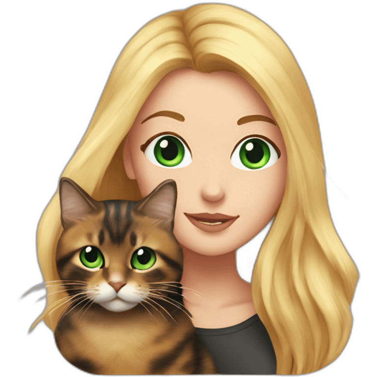 woman with green eyes and long straight blonde hair and big boobs is holding a very fluffy and fat tortoiseshell cat emoji