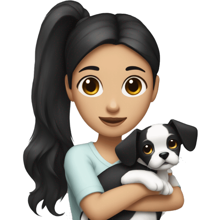 dark black hair girl cuddling a black and white dog with a high ponytail emoji