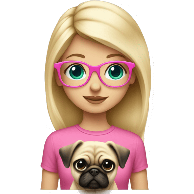 Blond girl who has teal eyes  with pink glasses wearing  a pink shirt holding a pug  emoji