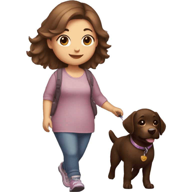 chubby girl with highlights in hair walking a chocolate labrador emoji