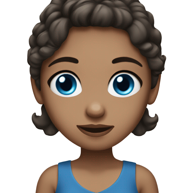 A girl with blue eyes and dark brown hair. Blue dress emoji