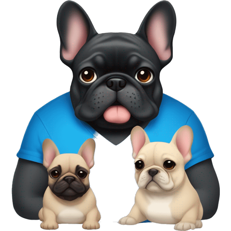 Man with blue eyes and black hair and a shirt that says “Lazy Bulls” and to his right is a fat blonde hair frenchie and to his left is a smaller dark gray fluffy frenchie  emoji