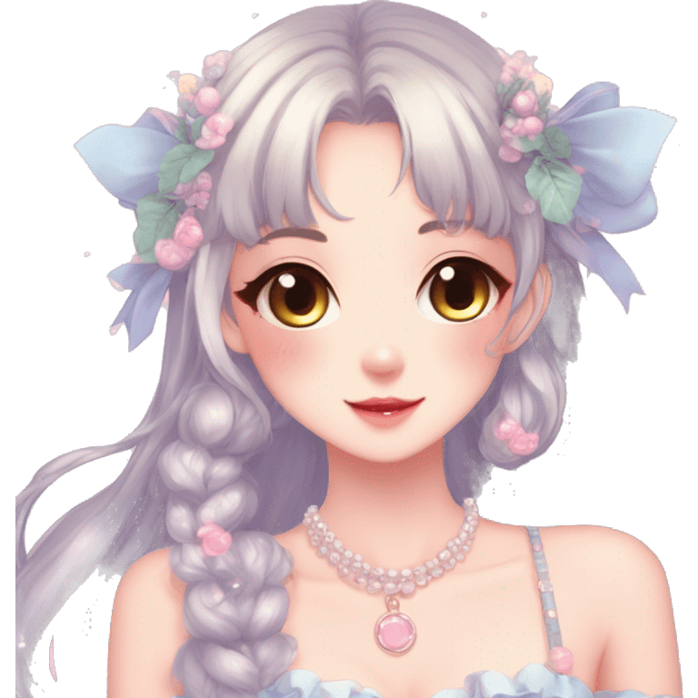 Gorgeous anime style lady with blushing face and accessories cottagecore fairycore Kawaii anime colorful pearly romantic aesthetic trending style emoji