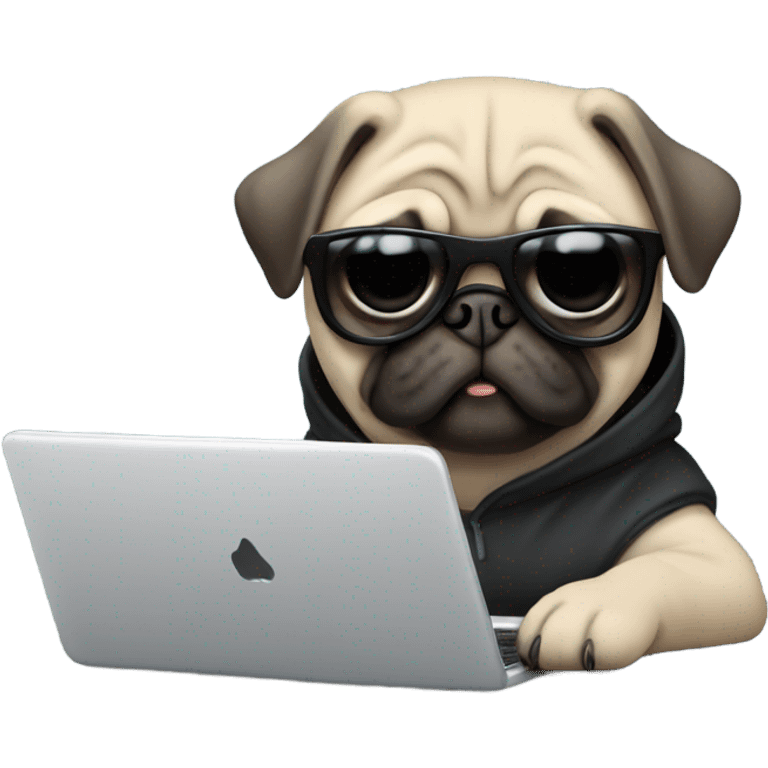 Pug wearing a black hoodie and using a laptop and wearing sunglasses emoji