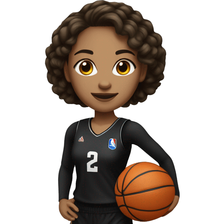 A light-skinned brunette girl is a basketball player in a black full-length uniform emoji