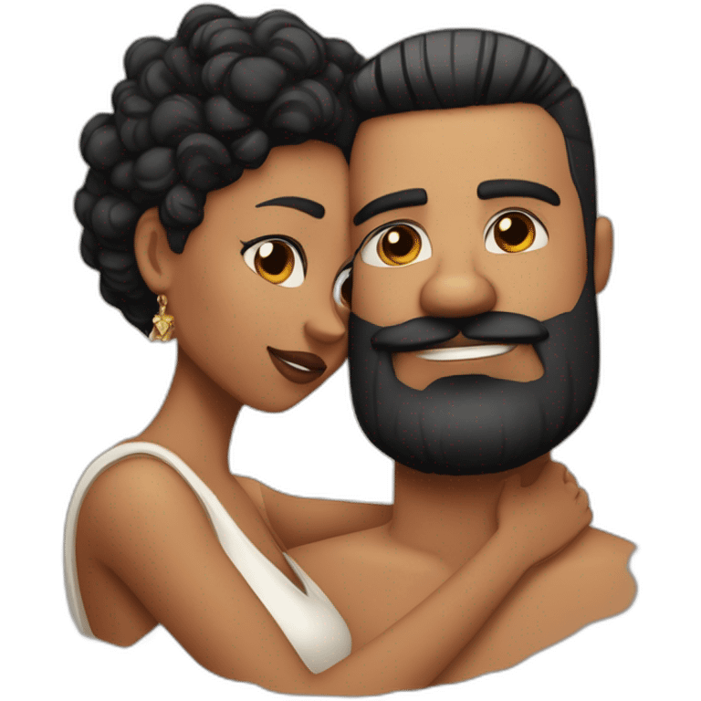 White latino man with shaved black hair and skin fade haircut , detailed moustache and beard, cuddling his black woman Wife  with super straight black hair and big earrings emoji