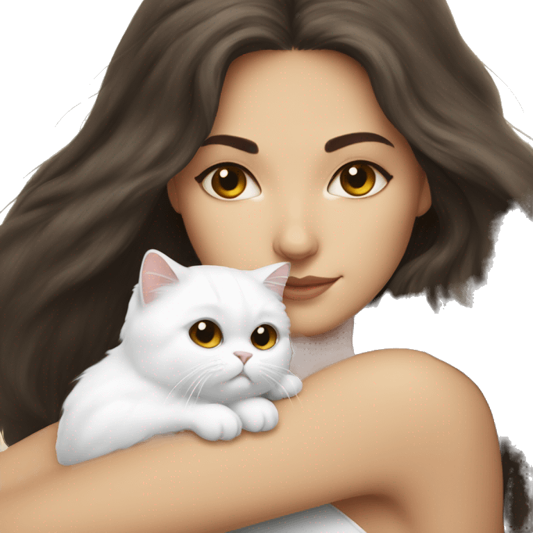 Brunette woman snuggling white Persian cat emoji