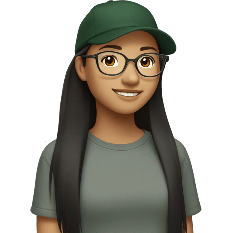 Look from side, asian girl, light skin, smiling with teeth, black eyes, spotted frame glasses, long brown straight hair with highlighted strands, black T-shirt, dark green cap. emoji