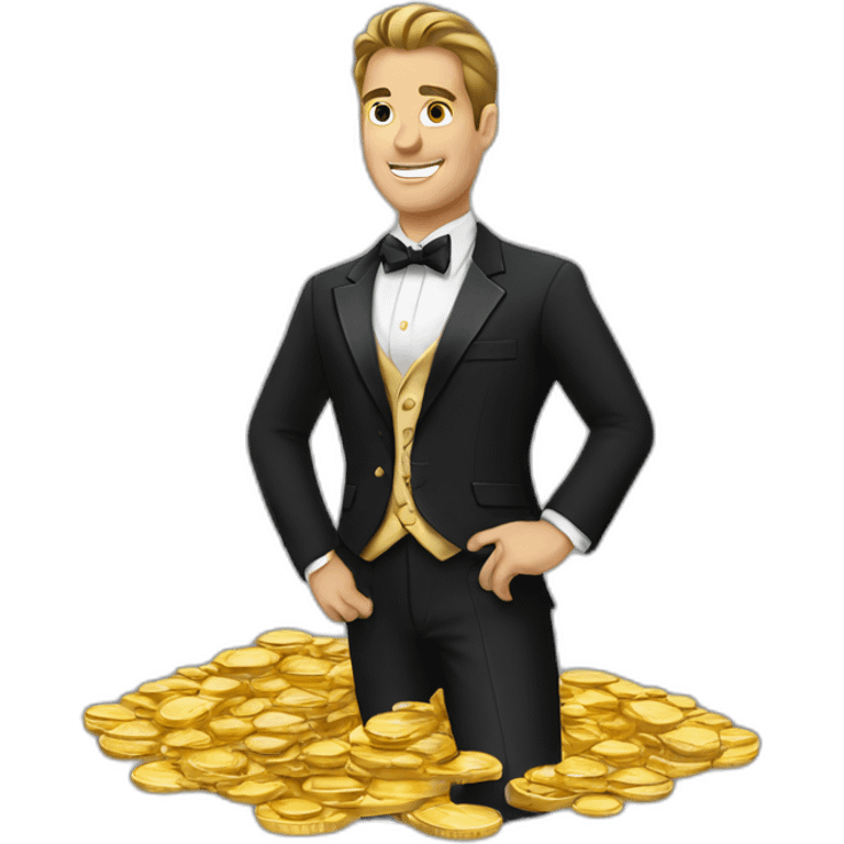 Posh-man-with-black-suit-holding-golden-coins emoji