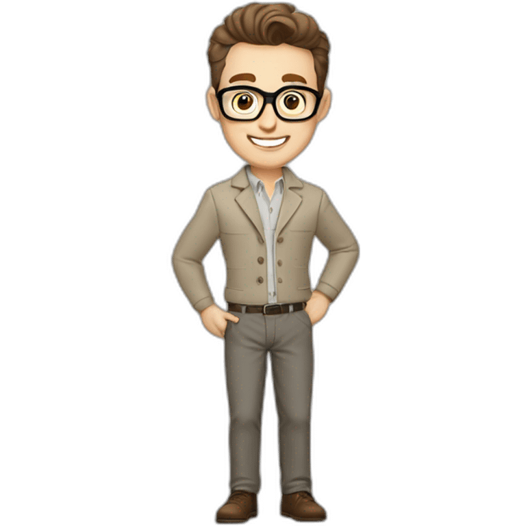 Joyful Pale skinned Fit Man With dark brown hair in gray jacket, beige office shirt, Brown pants and vintage glasses. His thrumbs up emoji