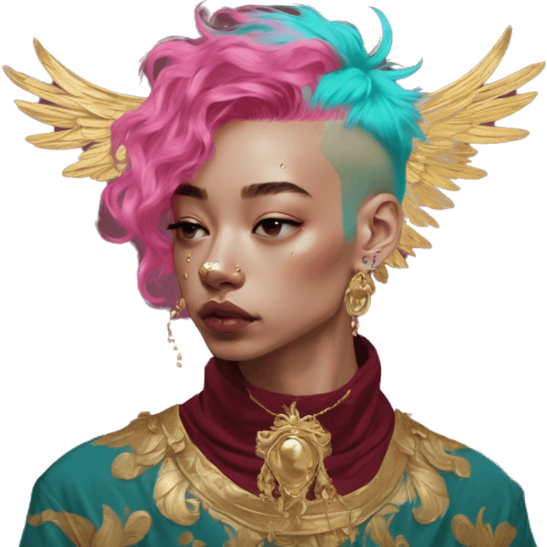 Vintage painting swirls gold jewellery baroque raven wings angel tropical Deep pink maroon burgundy cyan dark hoodie man vitiligo dyed hair gold piercings nose piercing ear piercings emoji