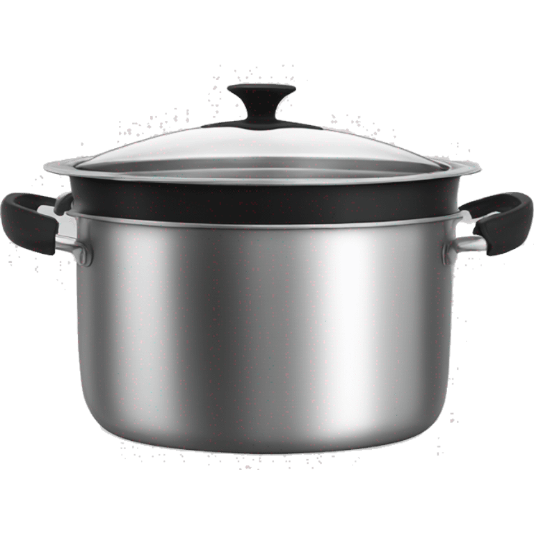 Stainless steel pot with black handlers, food inside, cover at the side  emoji