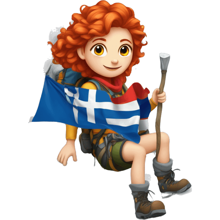 Female winter mountain climber red hair white skin climbing with Greek and EU flags and Easter eggs basket emoji