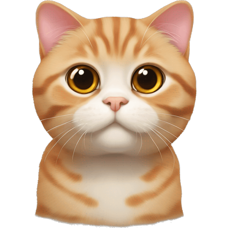 Red Scottish Fold cat. He has large round eyes, large pupils and characteristic lop-eared ears. He looks straight into the camera, creating an impression of surprise. The cat's fur is soft and fluffy, and the expression on his face is very cute. emoji