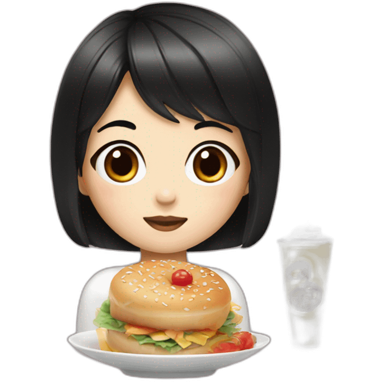 a girl with a black square hairstyle sits and eats Korean goodies emoji