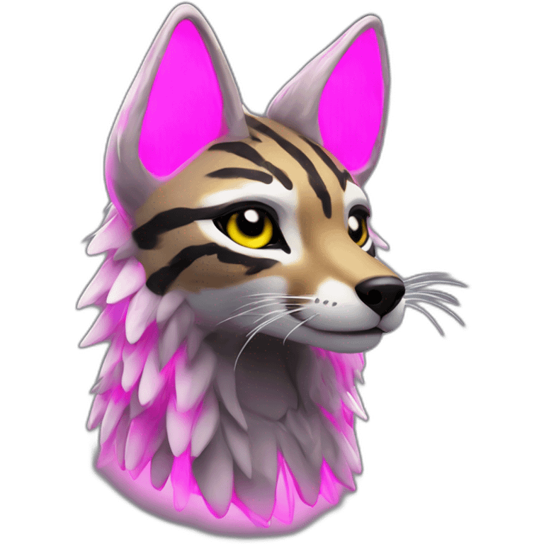 Coyote ocelot with grey and black fur and phoenix wings and pink ears half skeleton, neon lights emoji