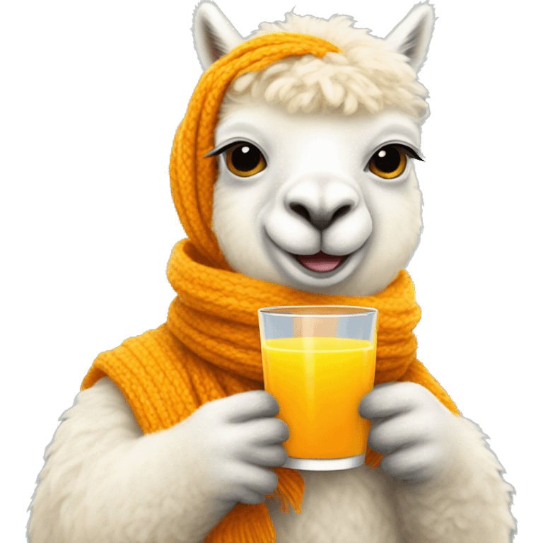 White alpaca wearing a yellow scarf and his drinking orange juice emoji