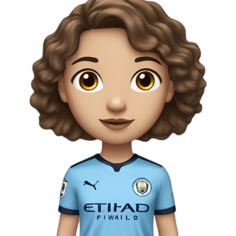 girl with short wavey brown hair and eyes wearing Manchester City football shirt emoji