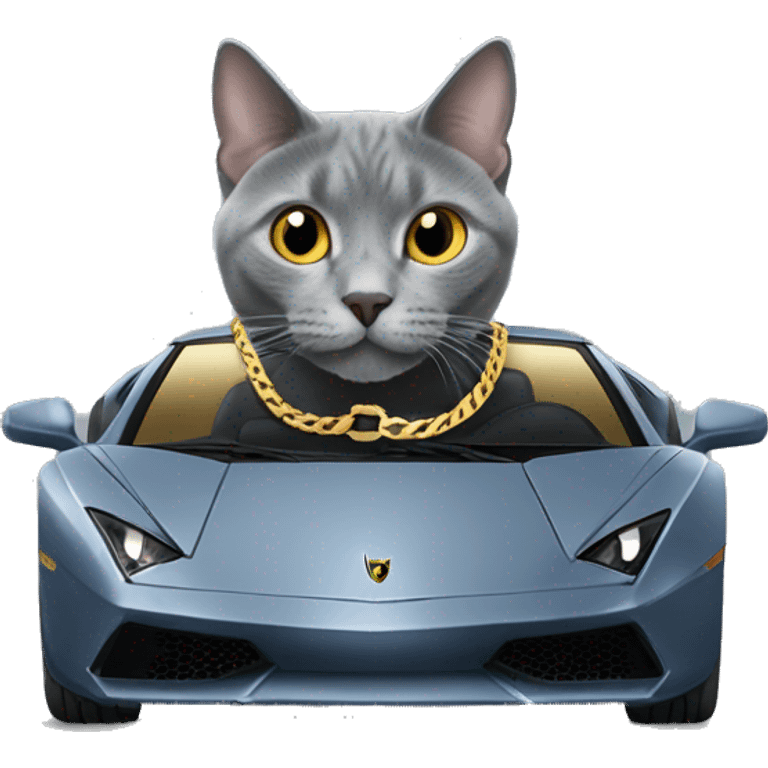 Russian Blue cat wearing a gold Cuban chain driving a Lamborghini emoji