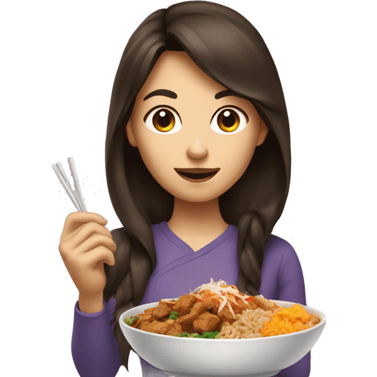 Brunette girl eating Asian food emoji