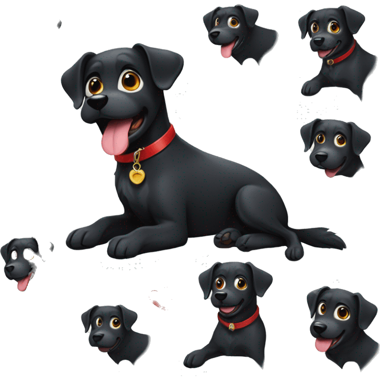 black dog with white patch, big jowls, happy puppy eyes, angel wings, red collar emoji