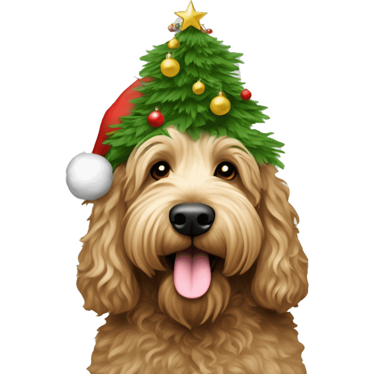 australian labradoodle with Christmas hat and Christmas tree emoji