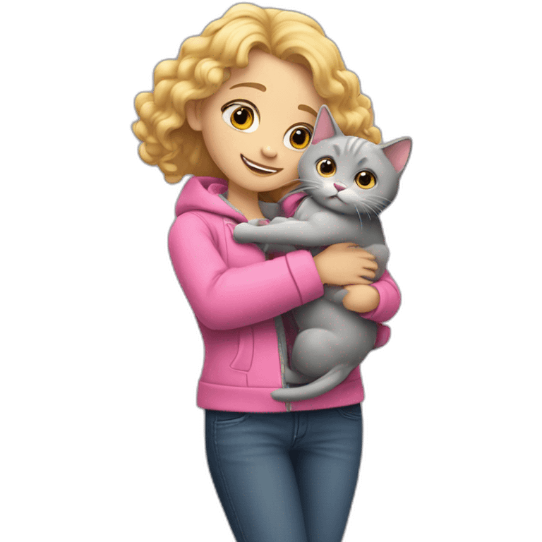 A girl with curly blonde hair in a pink jacket hugs a gray fat cat emoji