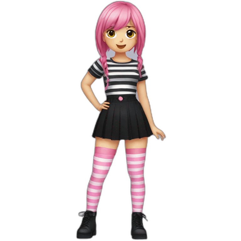 Front view curvy emo girl pink hair sits black skirt pink knickers striped stockings hands up emoji