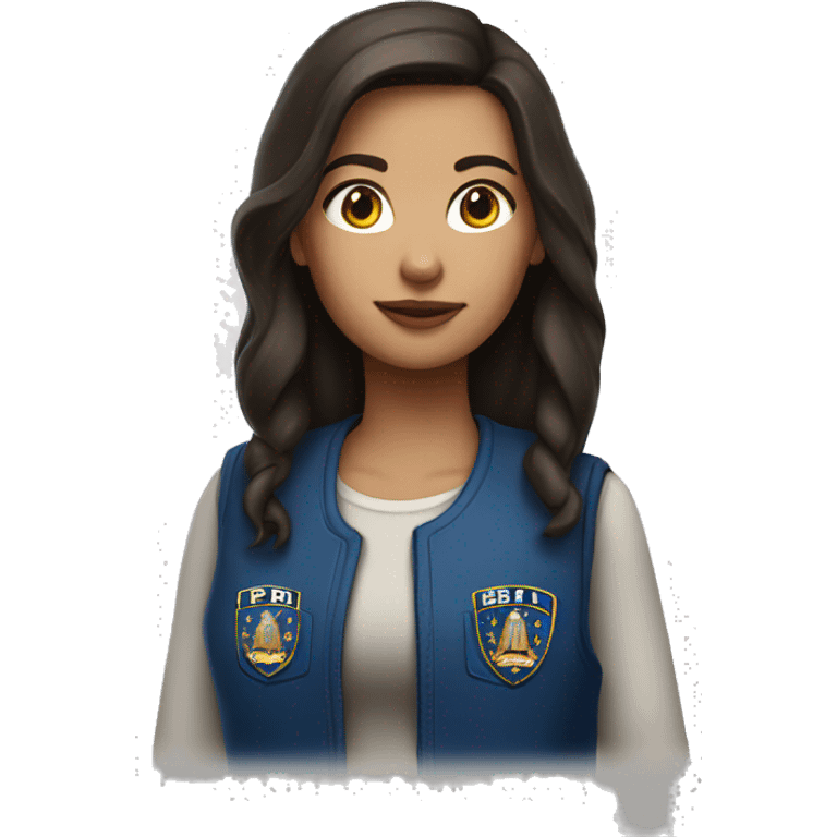 brunette girl wearing a blue vest that says FBI emoji