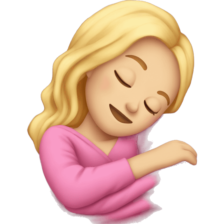 blonde girl sleeping on side with pink blanket emoji