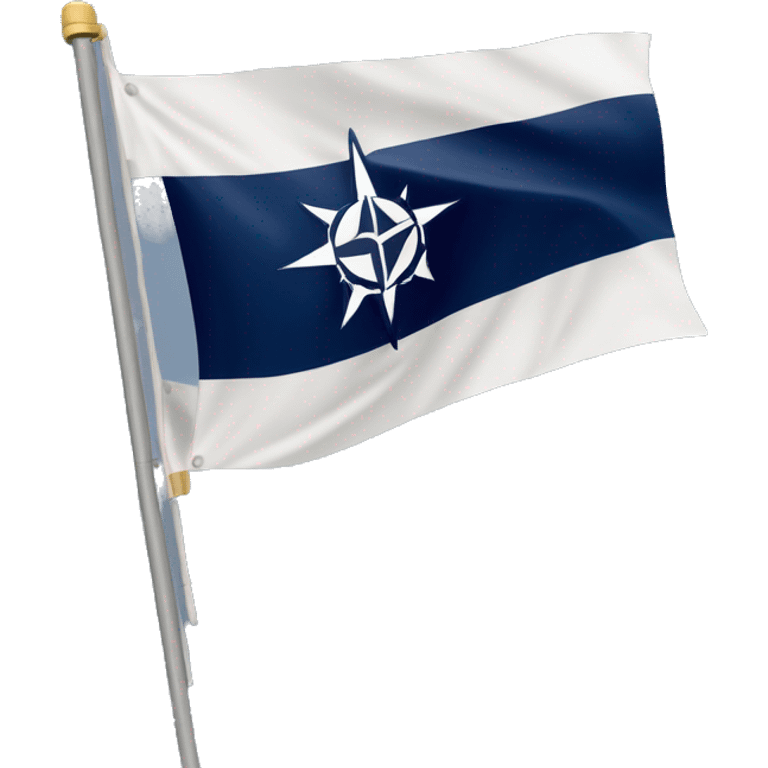 Generate a rectangular, symmetrical NATO flag with a dark blue background and a white compass rose, waving in the wind. No poles or extra elements emoji