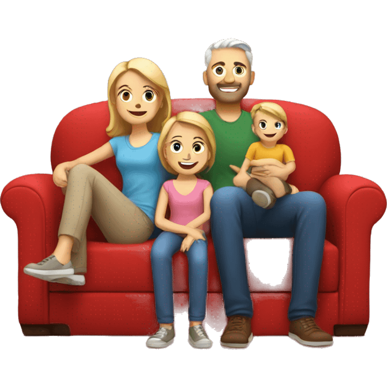 happy white family sit on a red sofa emoji