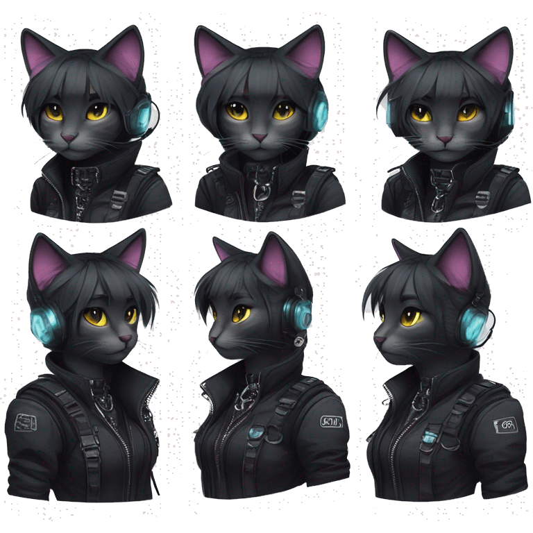 Gorgeous dark techwear cyberpunk style anthro cat sona, punk aesthetic, and pretty edgy black with collar and harness, trending style emoji