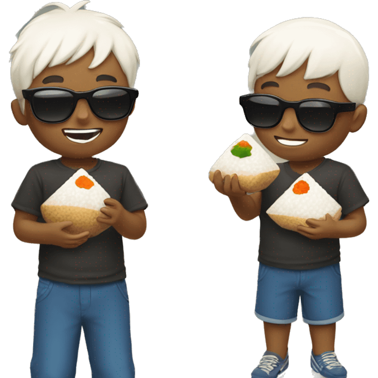 two boys with sunglasses eating onigiri emoji