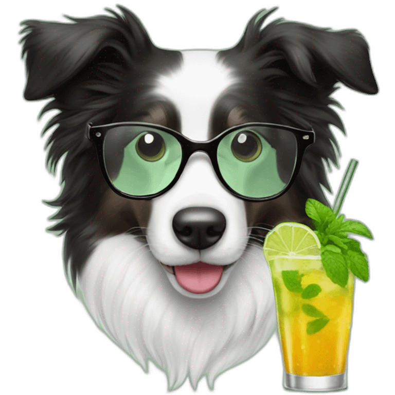 puppy border collie with glasses sniffing mojito emoji