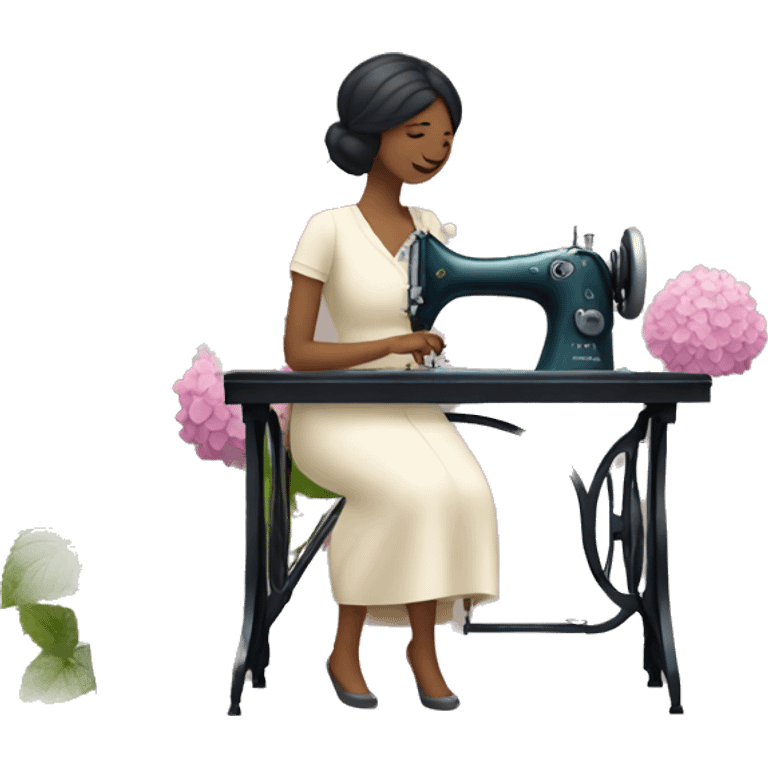 a lady  sitting at a sewing machine surrounded by hydrangea flowers emoji