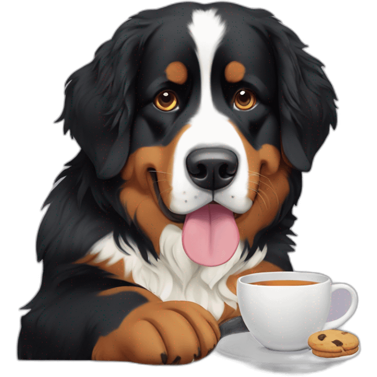 bernese mountain dog drinking tea and eating cookies emoji