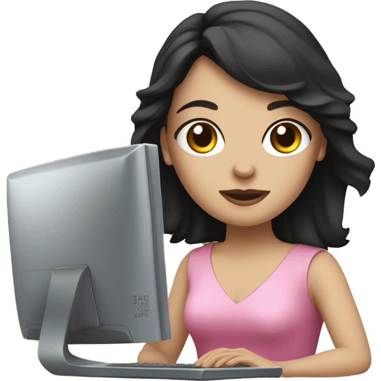 white girl with dark hair, dark eyes and pink dress with computer emoji