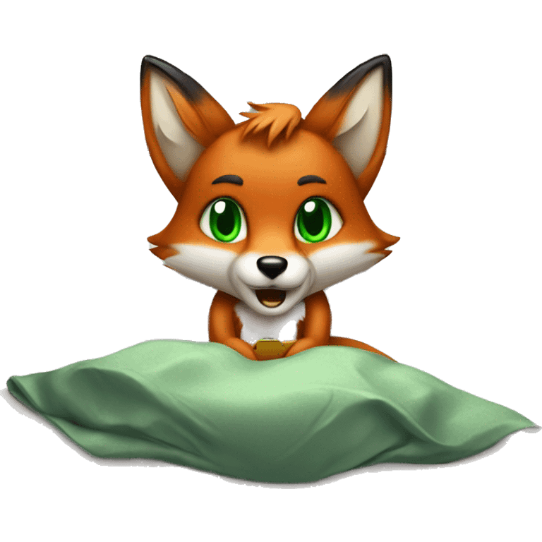 fox with green eyes playing video games in bed emoji