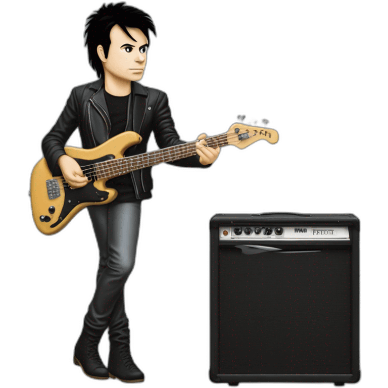 photo realistic, full body, Gary Numan in 1979, playing, Yamaha black bass guitar, standing up, front view emoji