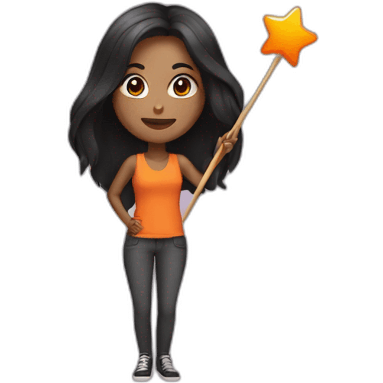 brown woman holding a orange star wand long black straight hair full length emoji