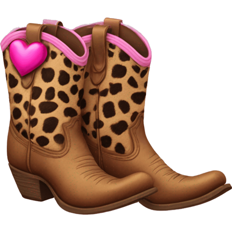 Realistic pair of isolated leather cowgirl boots with pink leopard print hearts on them. emoji