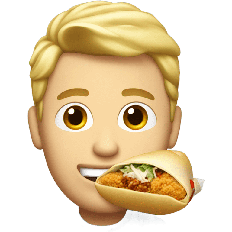 White guy with blonde pompadour hairstyle eating a burrito and chicken tenders emoji