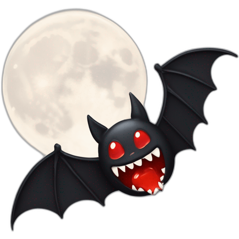 cartoonish black bat with sharp fang teeth dripping red slime in front of full moon emoji