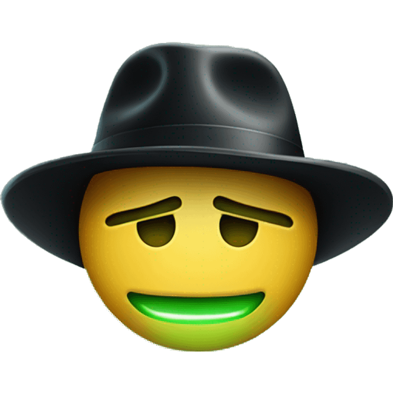 flushed face emoji with a green glowing face, wearing a black fedora hat emoji