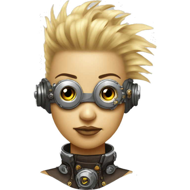 Light yellow Mohawk hair female cyborg head, tan skin, steampunk goggles and circuits emoji