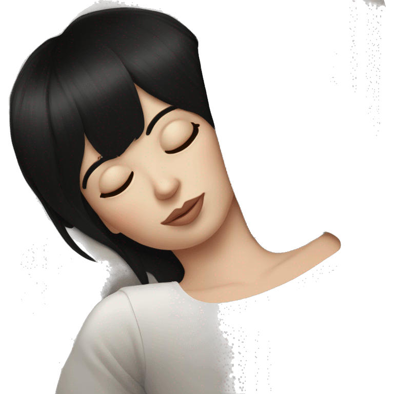 Woman pale skin black hair with bangs sleeping in bed, white woman emoji