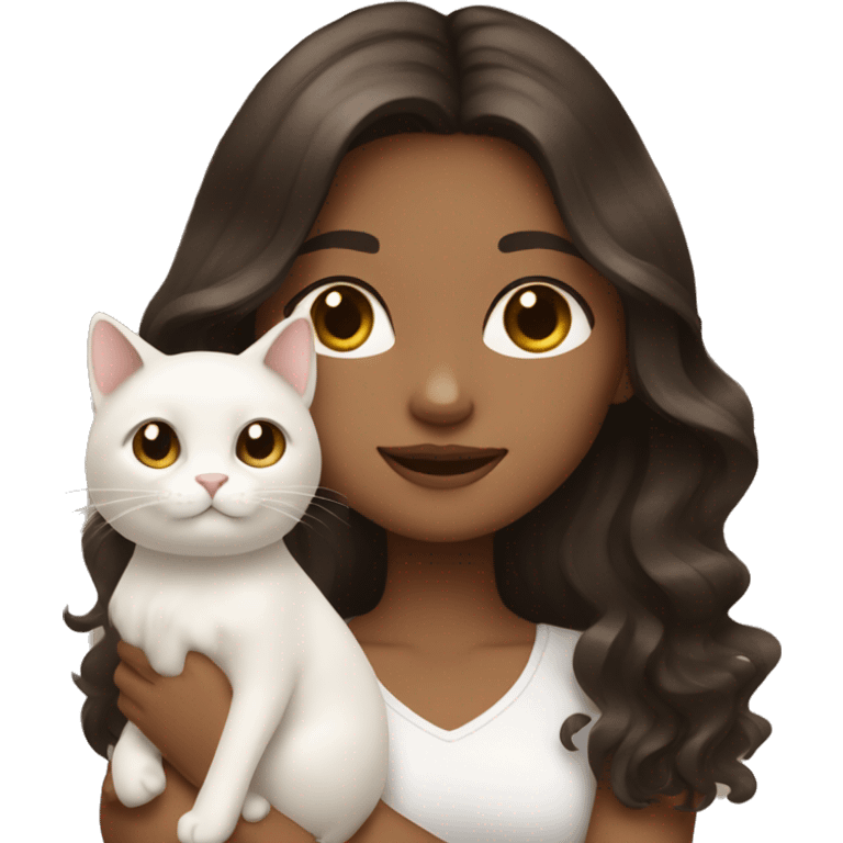 Tan girl with dark brown long wavy hair holding a white cat emoji