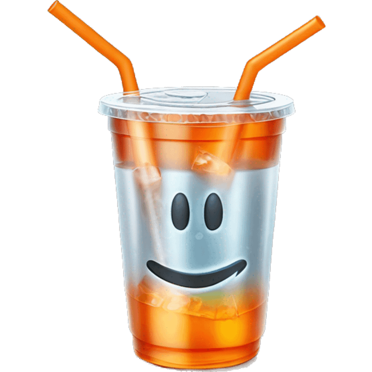 Realistic plastic cup and lid with Transluscent orange soda and large ice cubes inside and one straw through the top of the lid. emoji